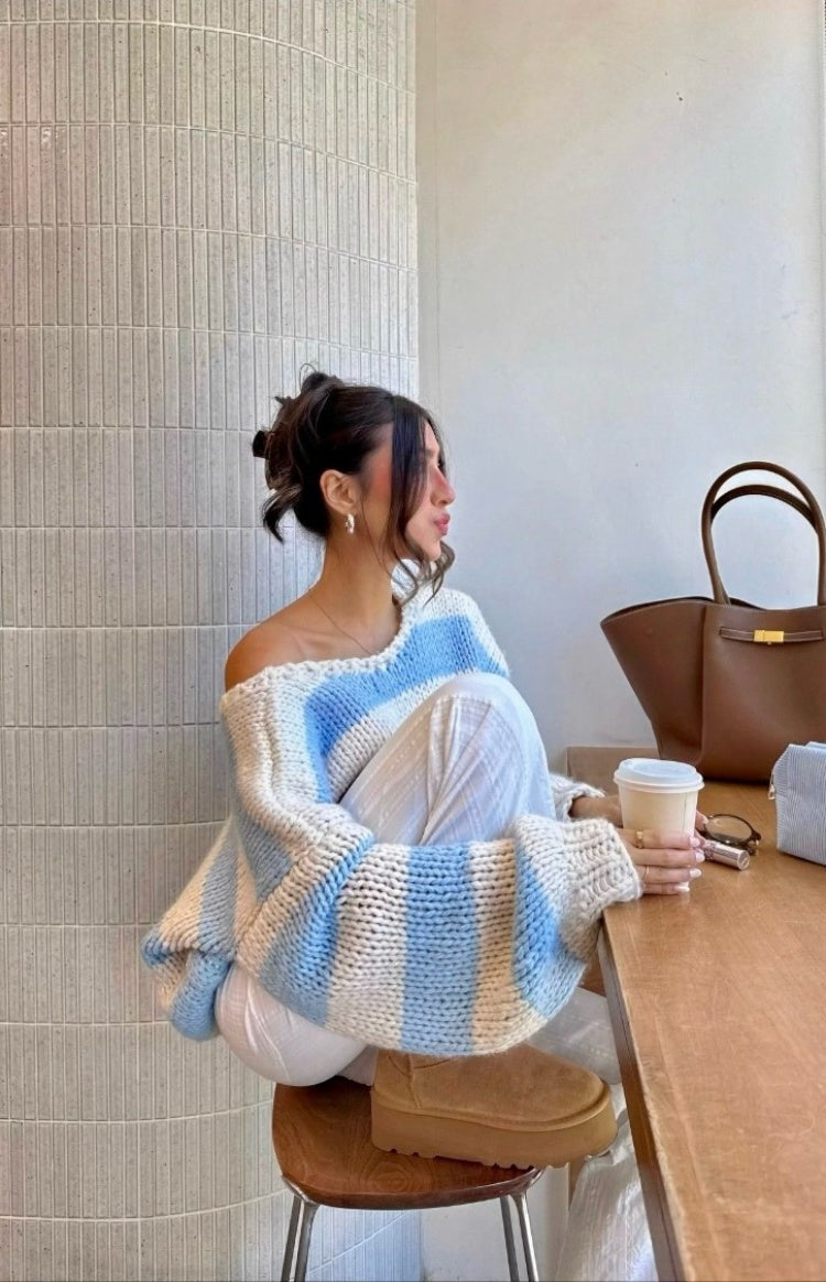 Delvey Light Blue Striped Chunky Knit Sweater — 1