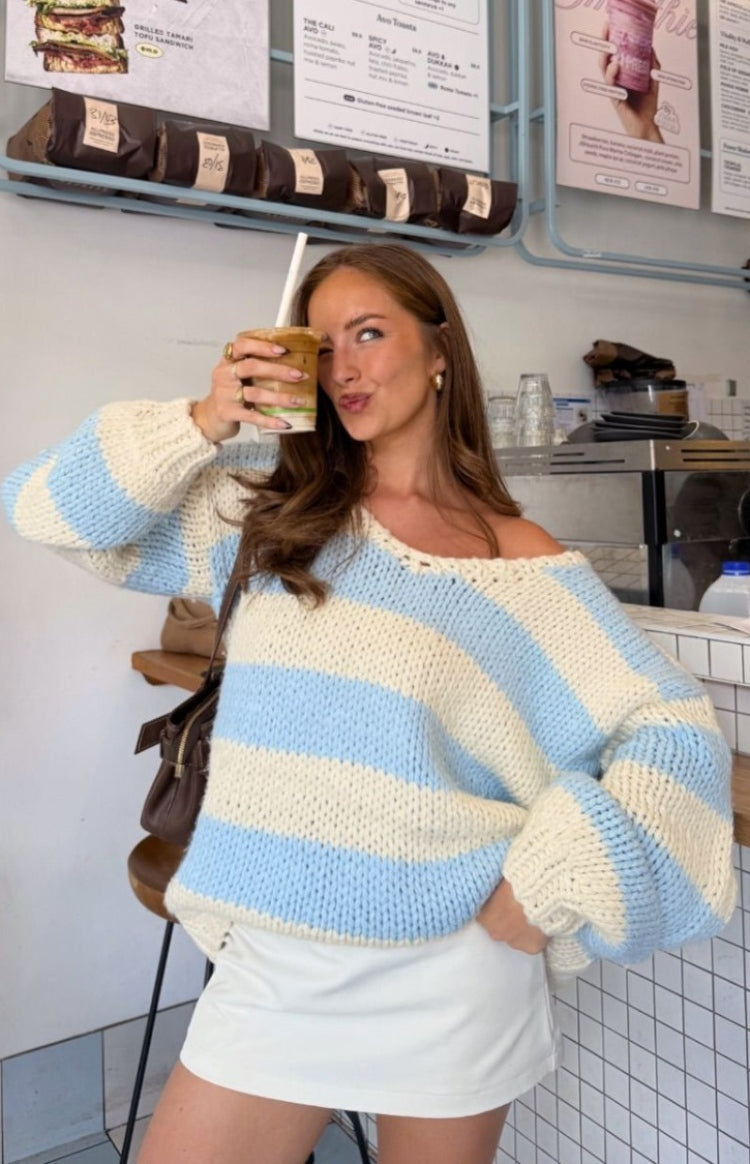 Delvey Light Blue Striped Chunky Knit Sweater — 3