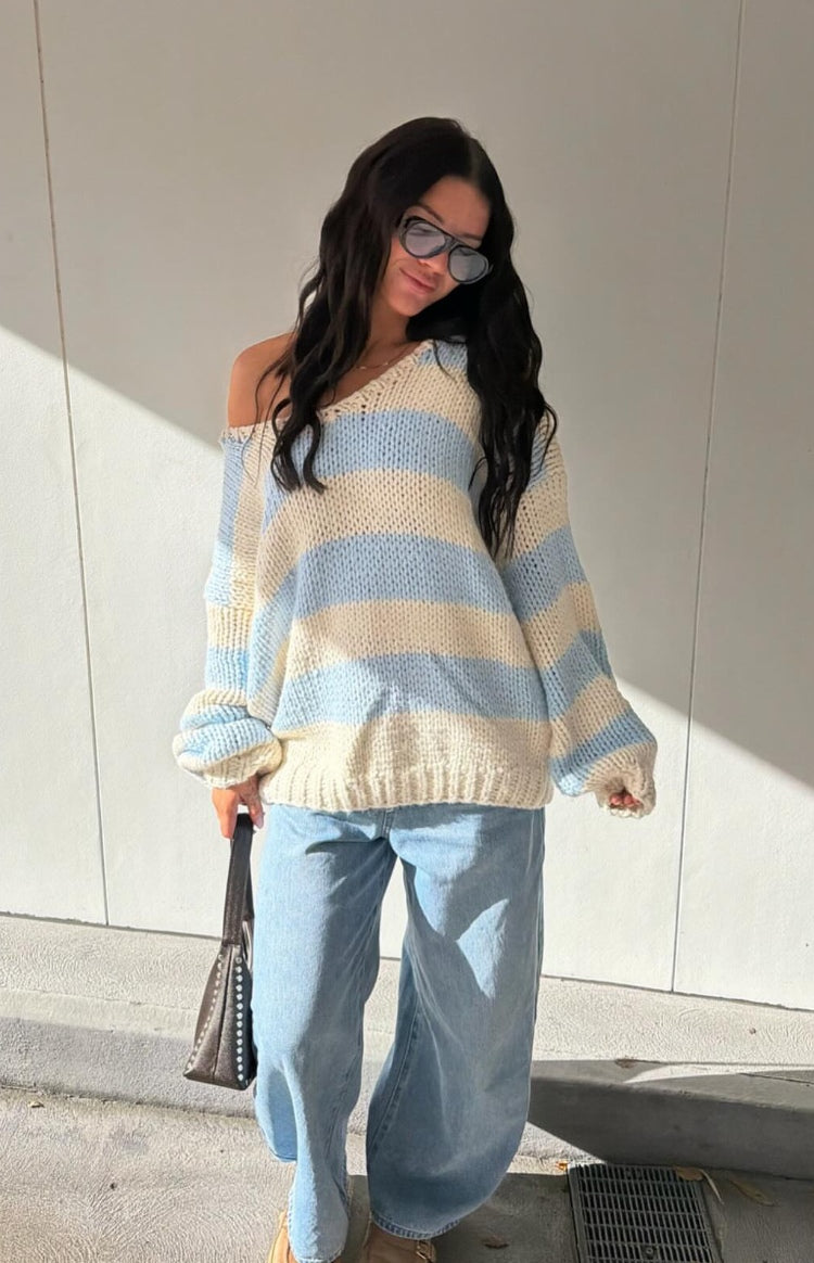 Delvey Light Blue Striped Chunky Knit Sweater — 6