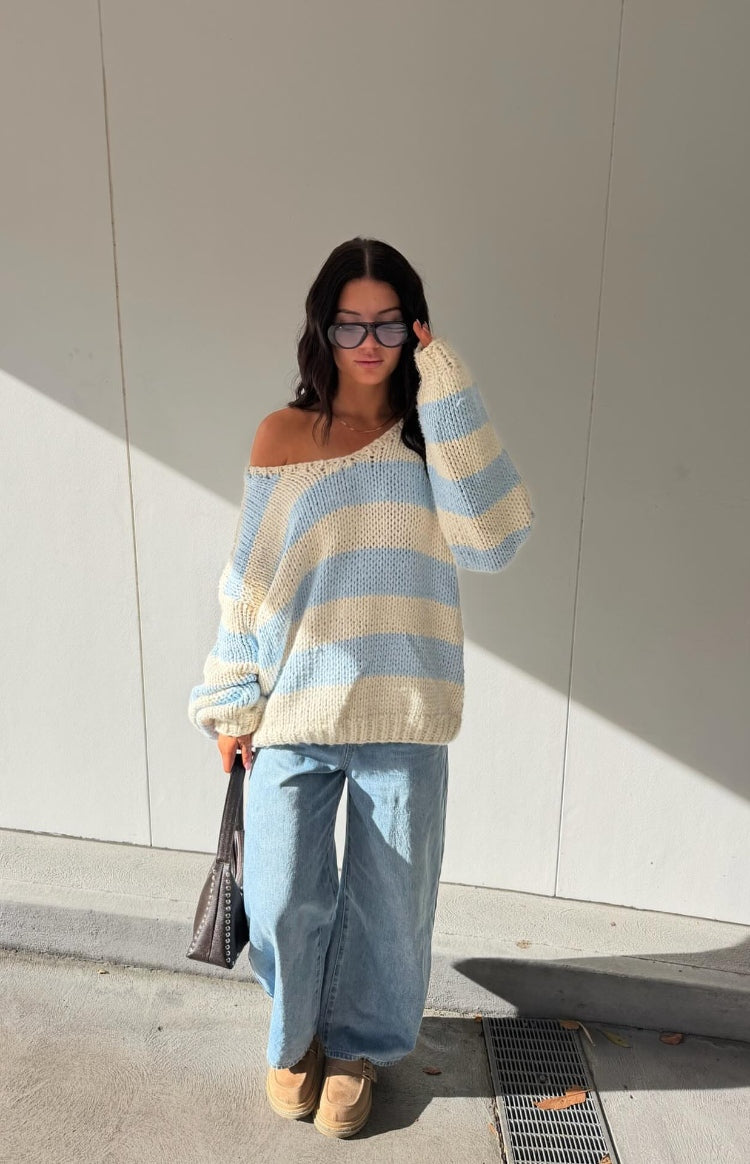 Delvey Light Blue Striped Chunky Knit Sweater — 7