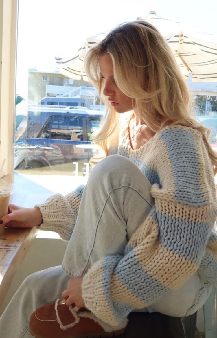 Delvey Light Blue Striped Chunky Knit Sweater — 8