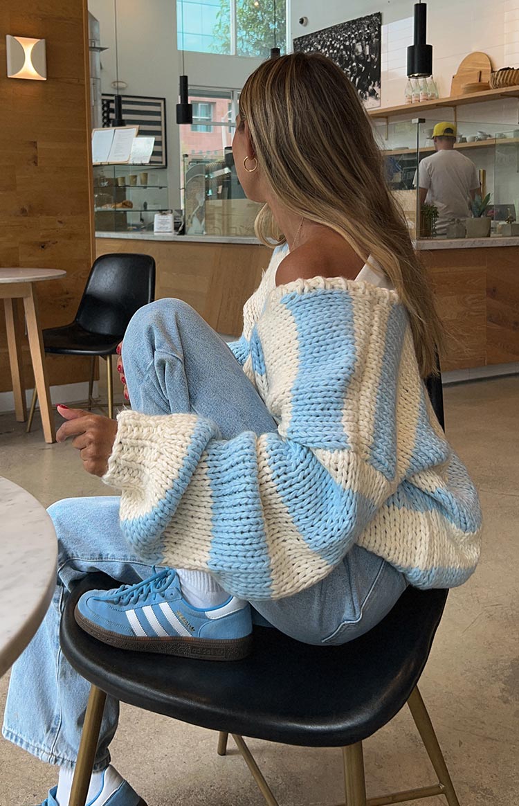 Delvey Light Blue Striped Chunky Knit Sweater — 10