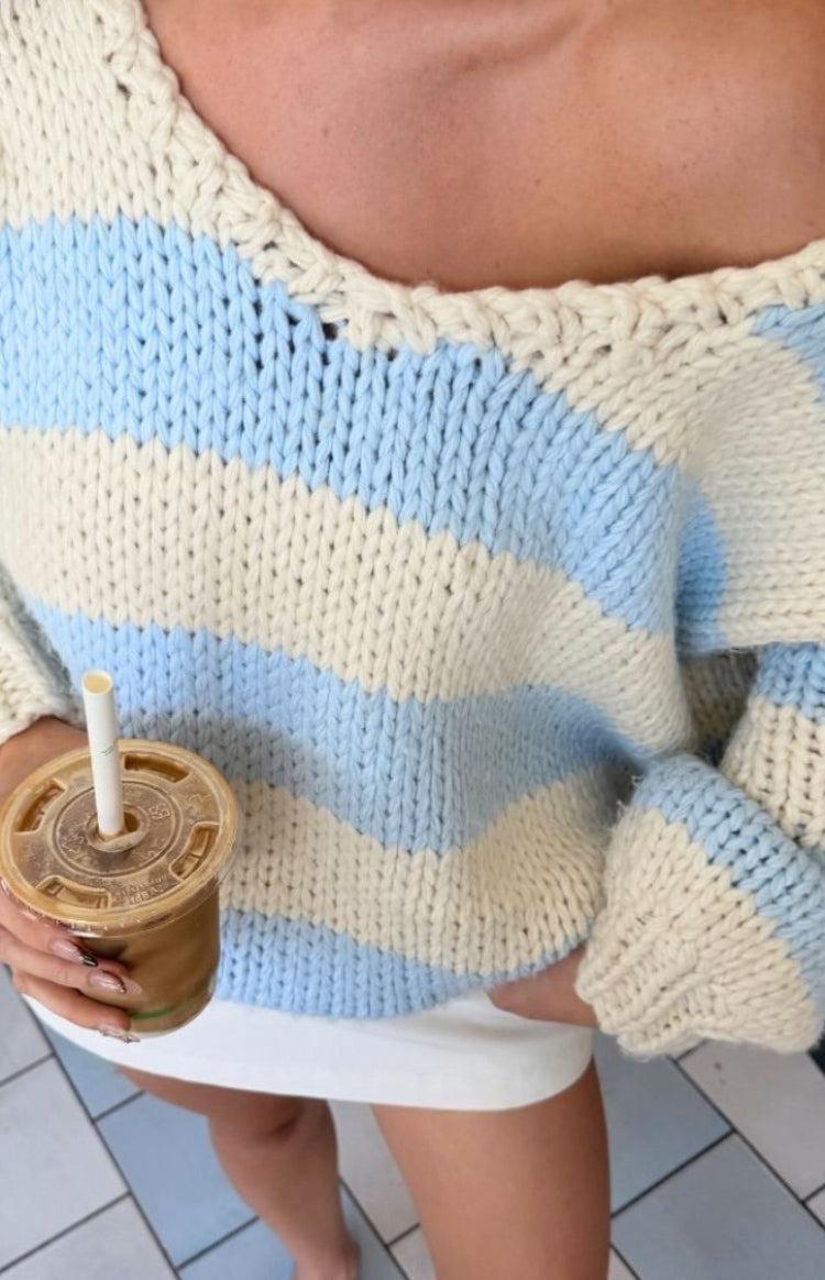 Delvey Light Blue Striped Chunky Knit Sweater — 12