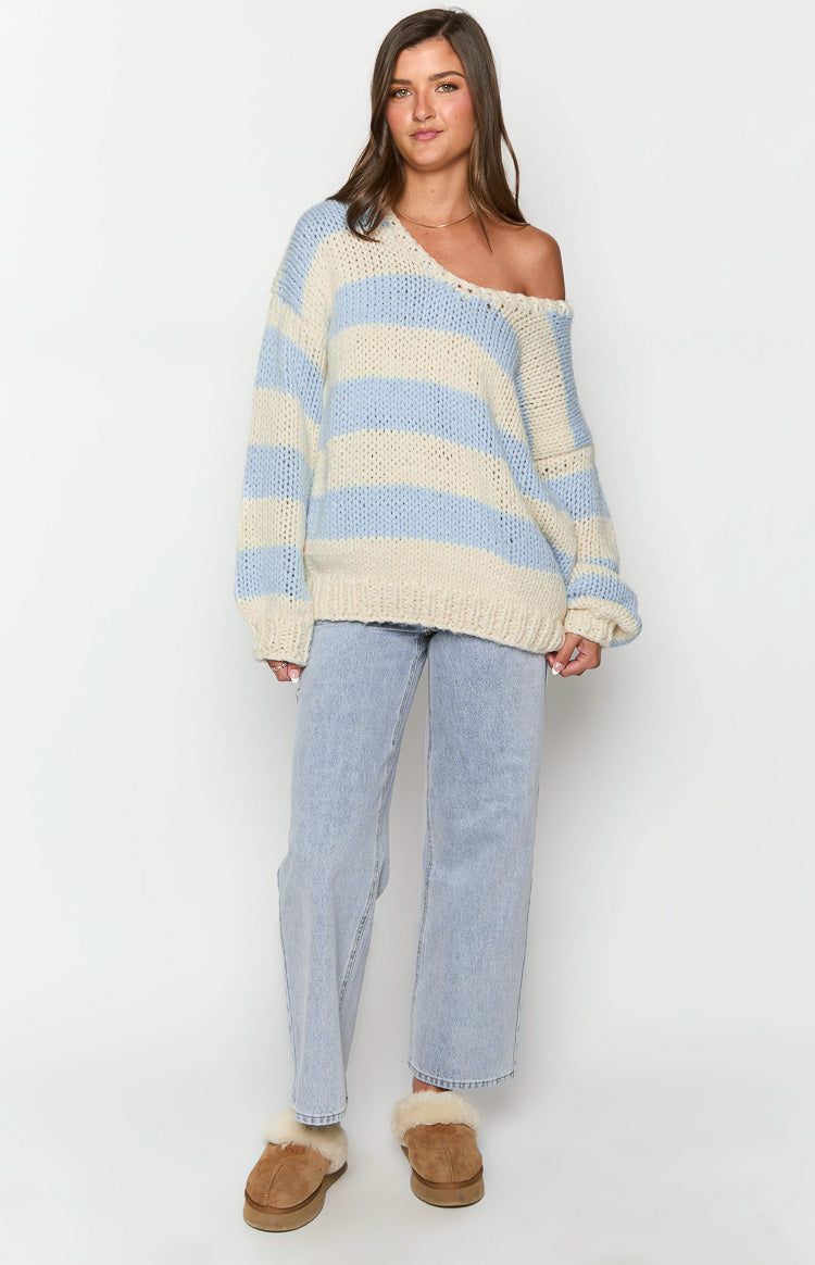 Delvey Light Blue Striped Chunky Knit Sweater — 15