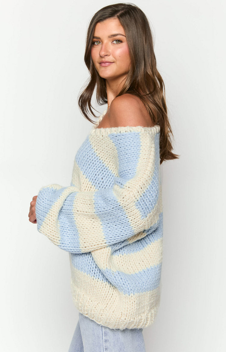 Delvey Light Blue Striped Chunky Knit Sweater — 17