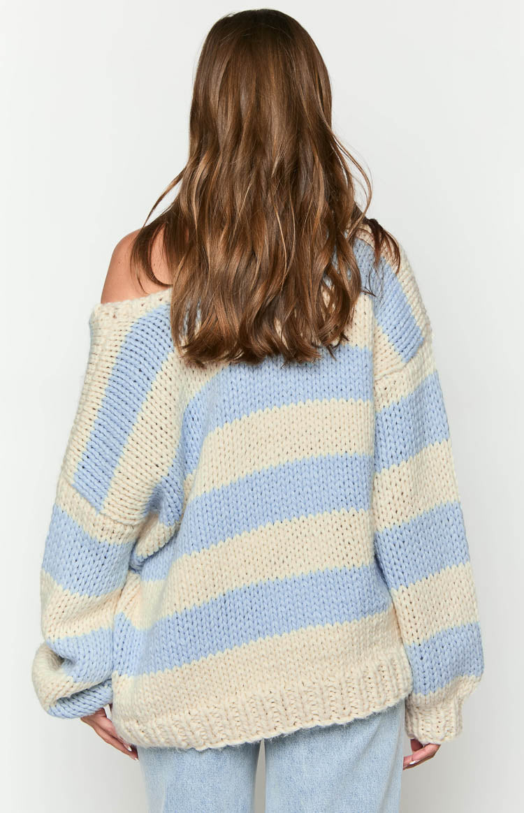 Delvey Light Blue Striped Chunky Knit Sweater — 18