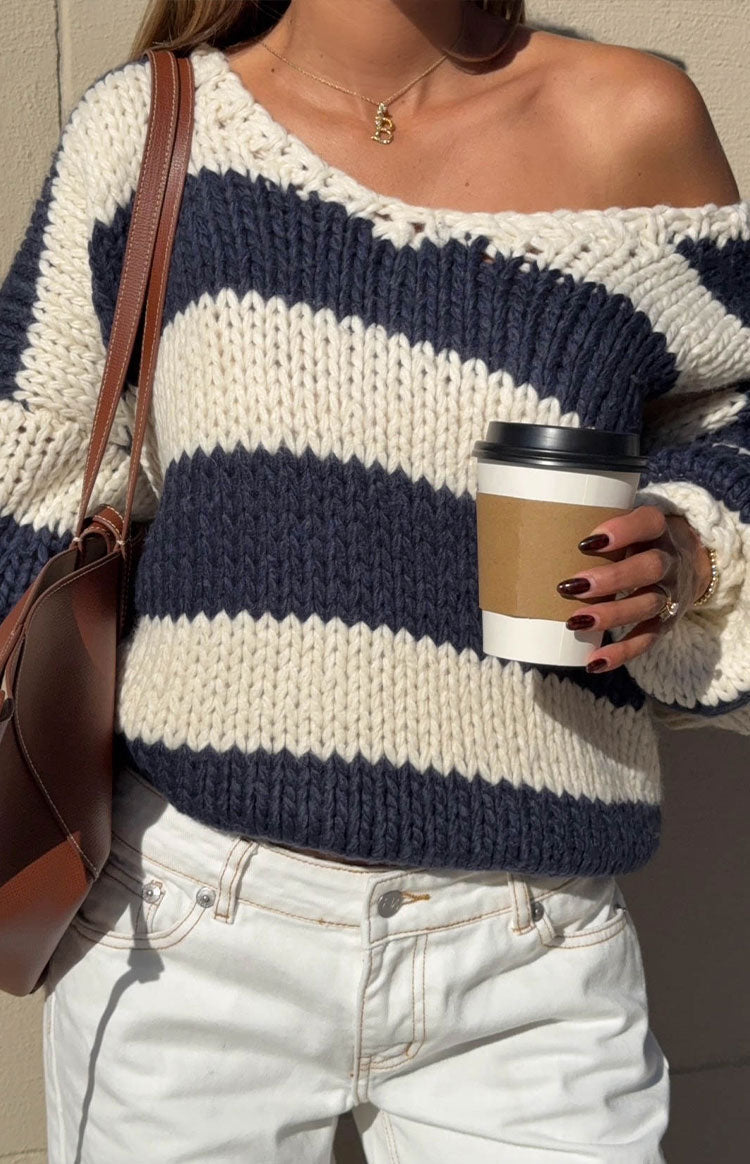 Delvey Navy Striped Chunky Knit Sweater — 1