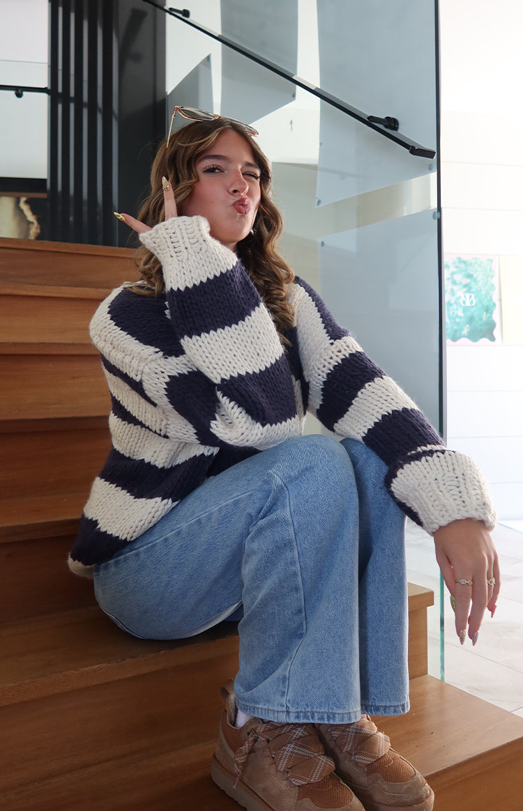 Delvey Navy Striped Chunky Knit Sweater — 4