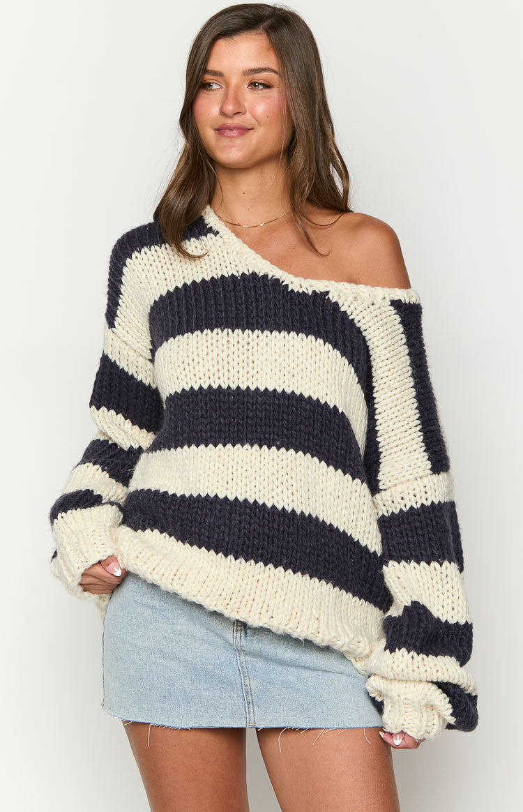 Delvey Navy Striped Chunky Knit Sweater — 10