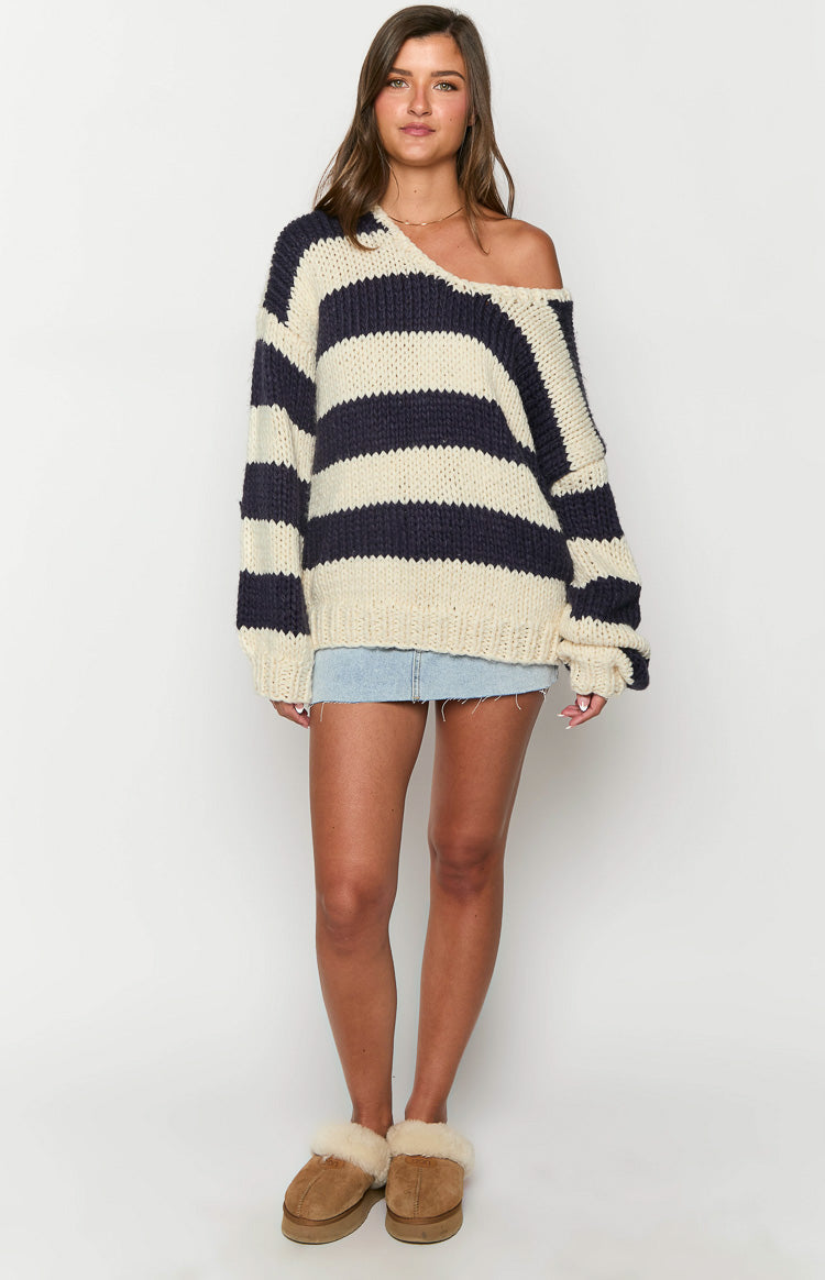 Delvey Navy Striped Chunky Knit Sweater — 11