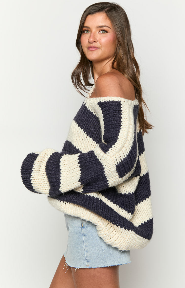 Delvey Navy Striped Chunky Knit Sweater — 12