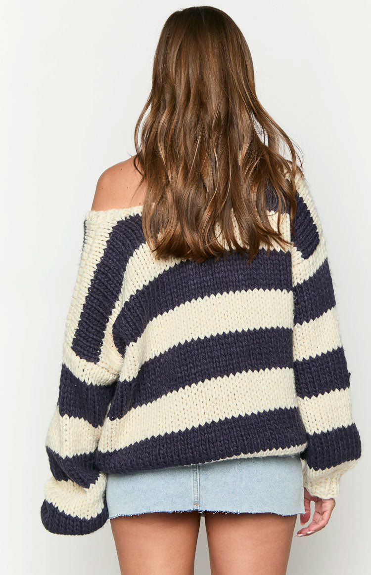 Delvey Navy Striped Chunky Knit Sweater — 13