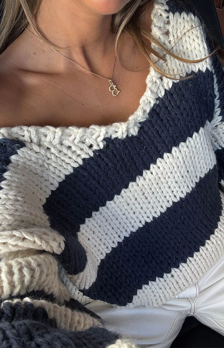 Delvey Navy Striped Chunky Knit Sweater — 15