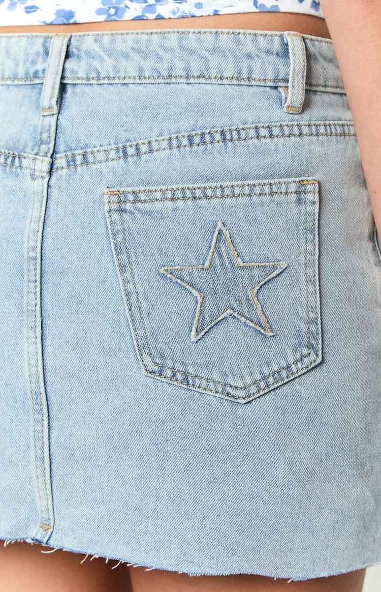 Siletto Star Light Wash Denim Low Rise Mini Skirt — 8