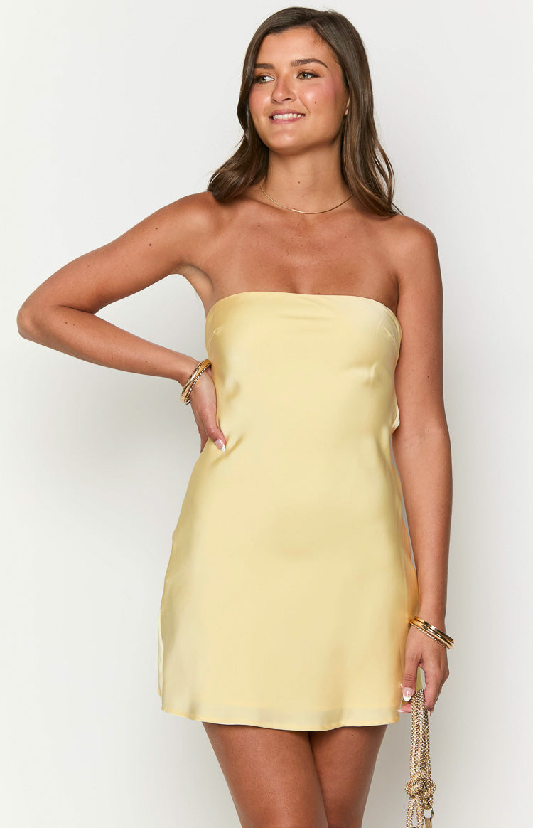 Mylee Yellow Satin Strapless Mini Dress — 2