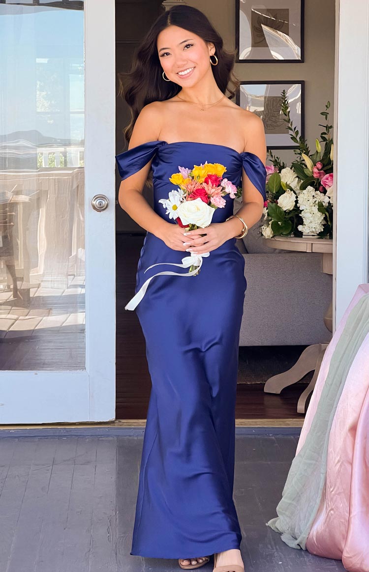 Ella Navy Off Shoulder Formal Maxi Dress — 1