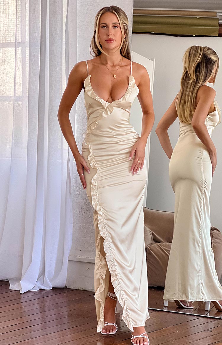 Nahanee Cream Satin Ruffle Maxi Dress — 1