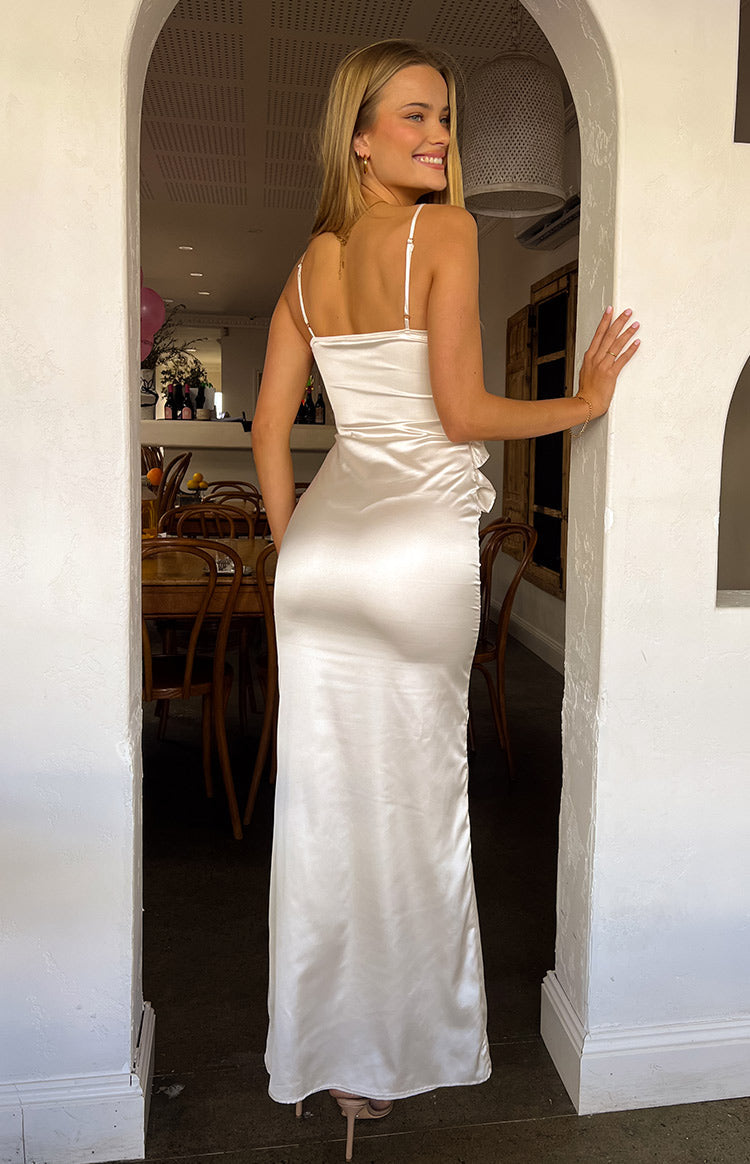 Nahanee Cream Satin Ruffle Maxi Dress — 9