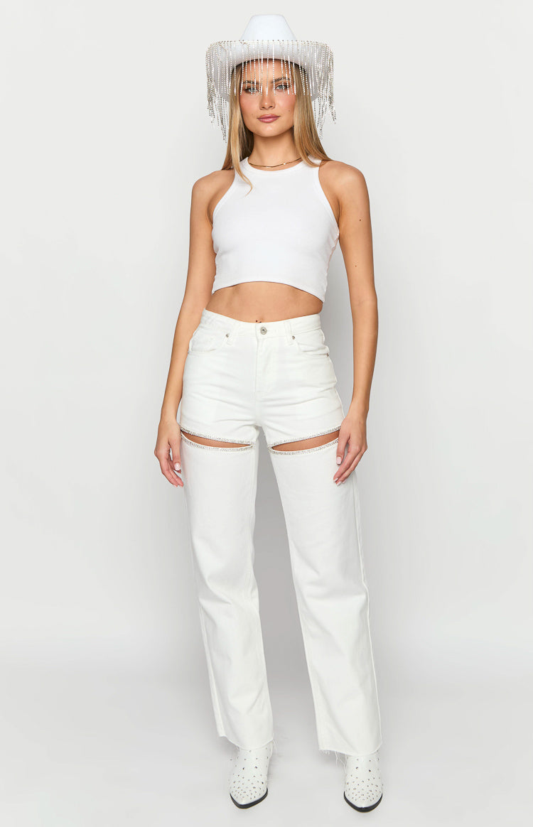 Gem Diamante Trim Wide Leg White Denim Jeans — 3