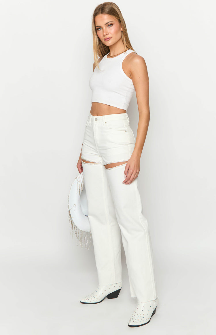 Gem Diamante Trim Wide Leg White Denim Jeans — 4