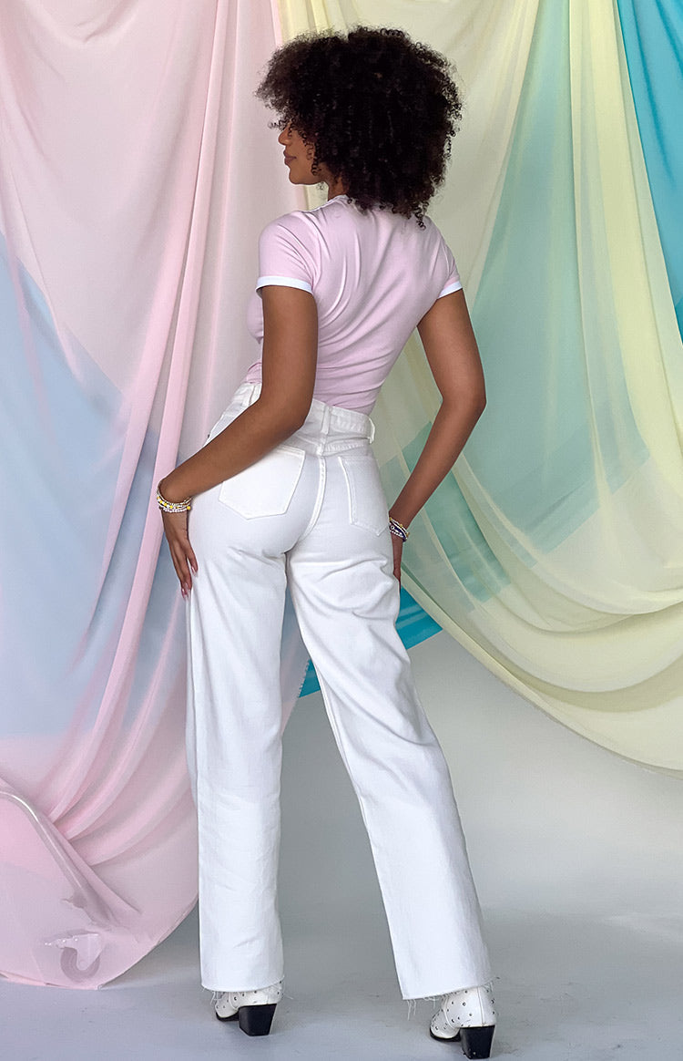 Gem Diamante Trim Wide Leg White Denim Jeans — 7