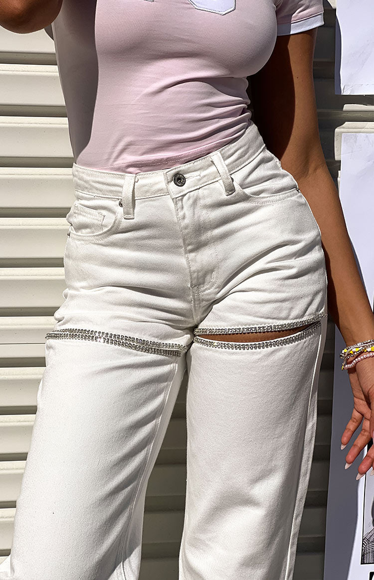Gem Diamante Trim Wide Leg White Denim Jeans — 8