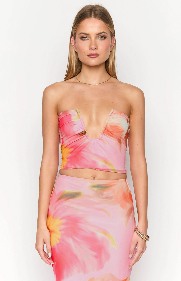 Esha Pink Floral Strapless Crop Top — 1