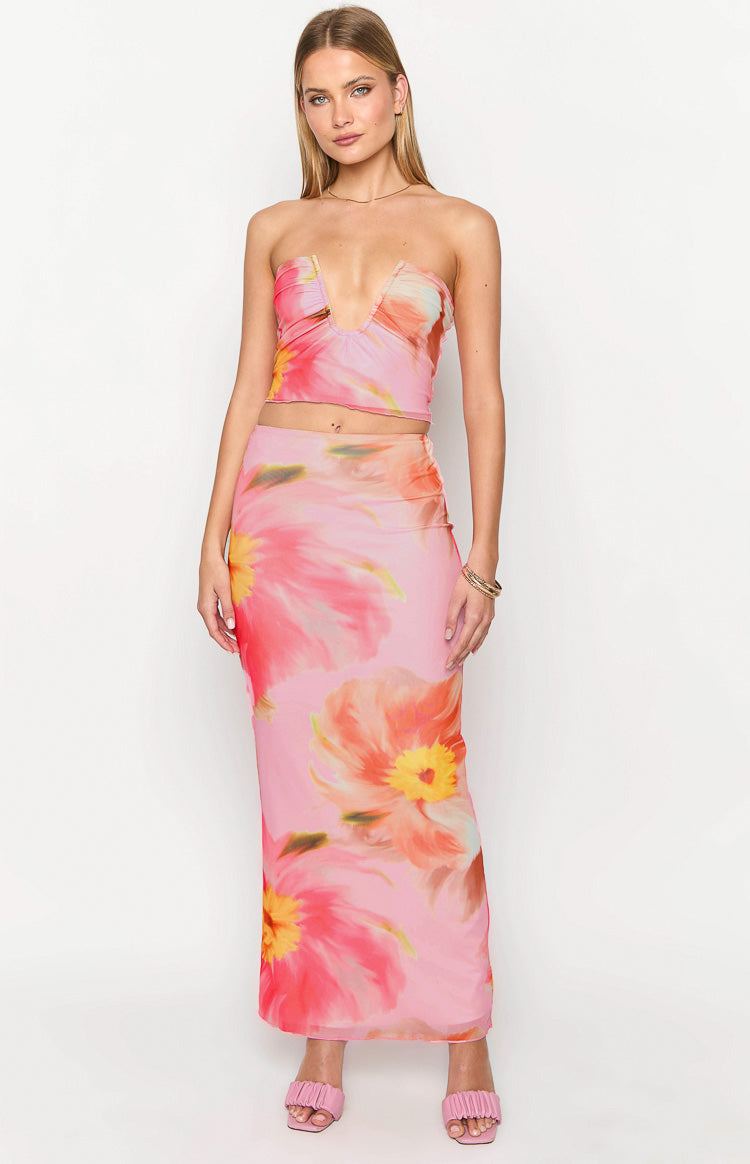 Esha Pink Floral Strapless Crop Top — 4