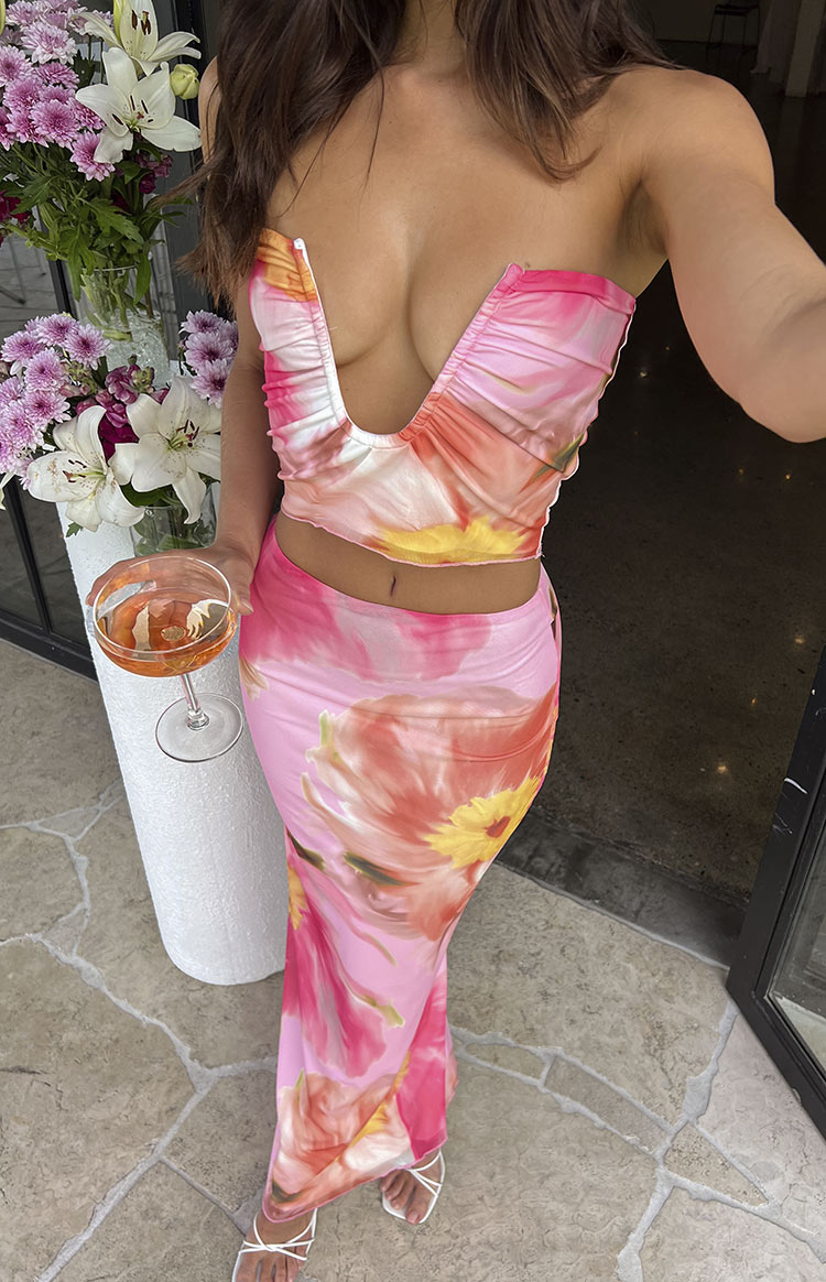 Esha Pink Floral Strapless Crop Top — 10