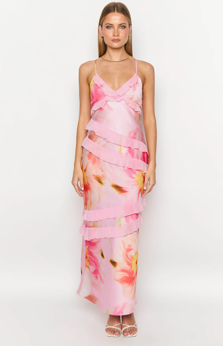 Inara Light Pink Floral Print Ruffle Maxi Dress — 1