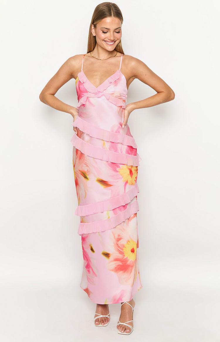 Inara Light Pink Floral Print Ruffle Maxi Dress — 3