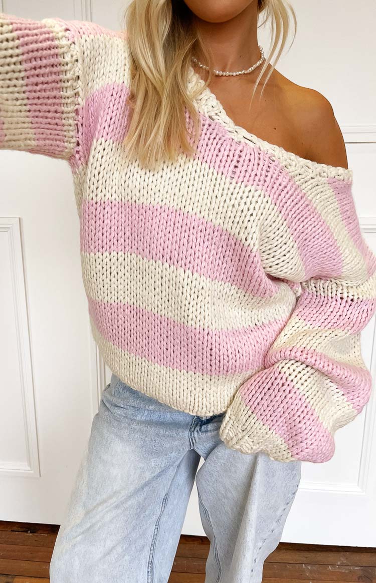 Delvey Pink Striped Chunky Knit Sweater — 1