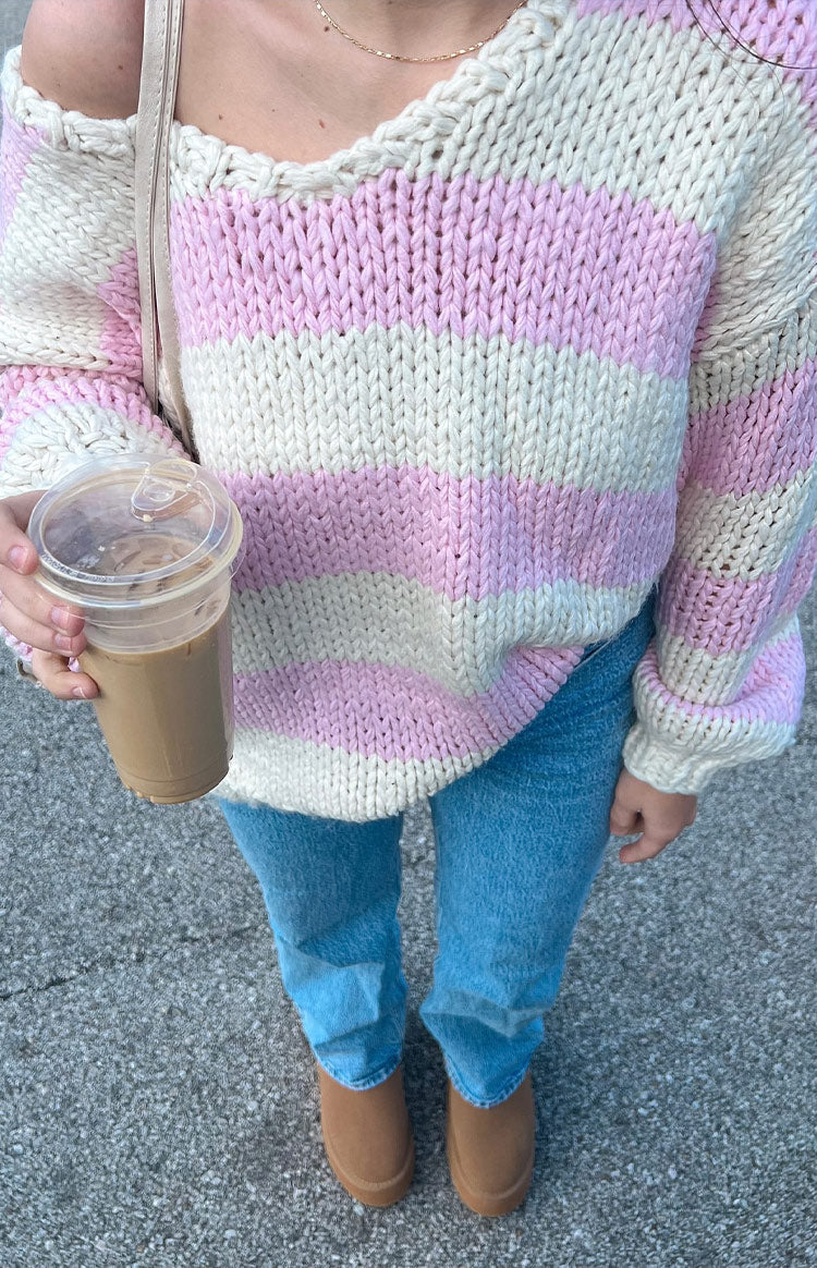 Delvey Pink Striped Chunky Knit Sweater — 10