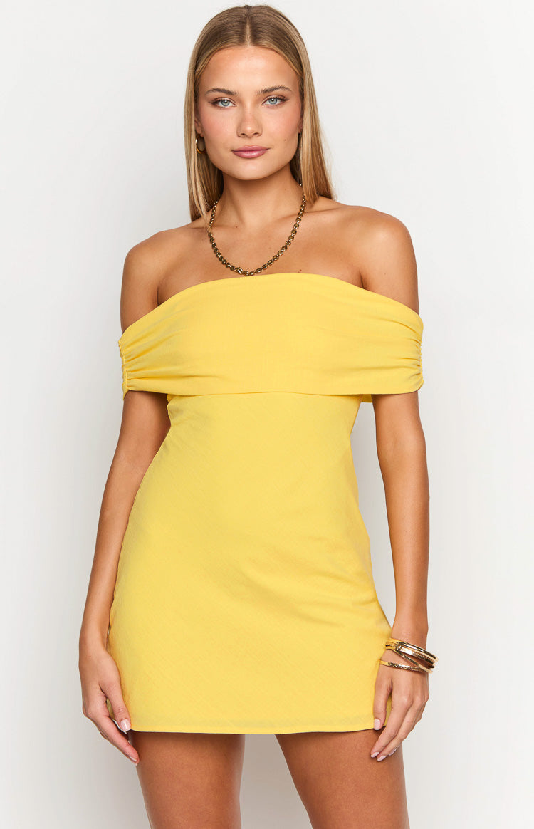 Primrose Yellow Off the Shoulder Mini Dress — 2