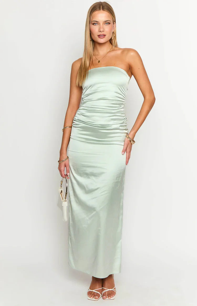 Sage Bloom Satin Strapless Maxi Dress — 2