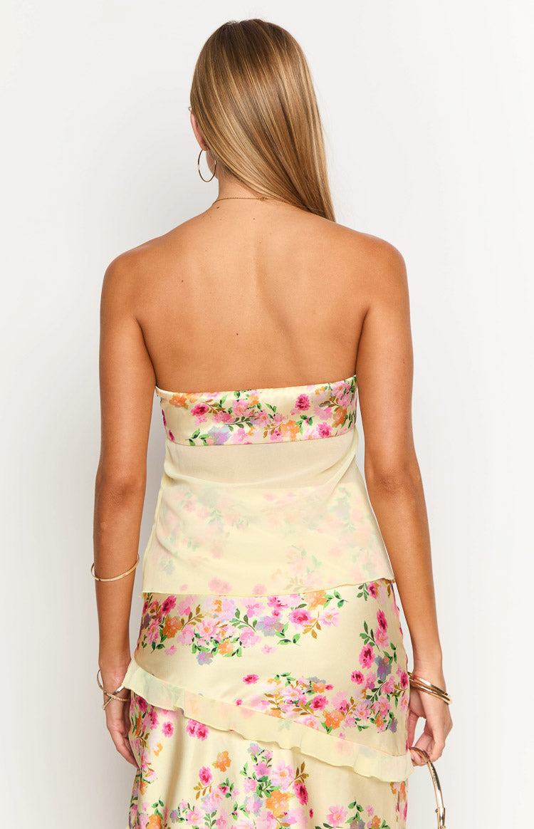 Jacqulin Yellow Bloom Strapless Top — 13