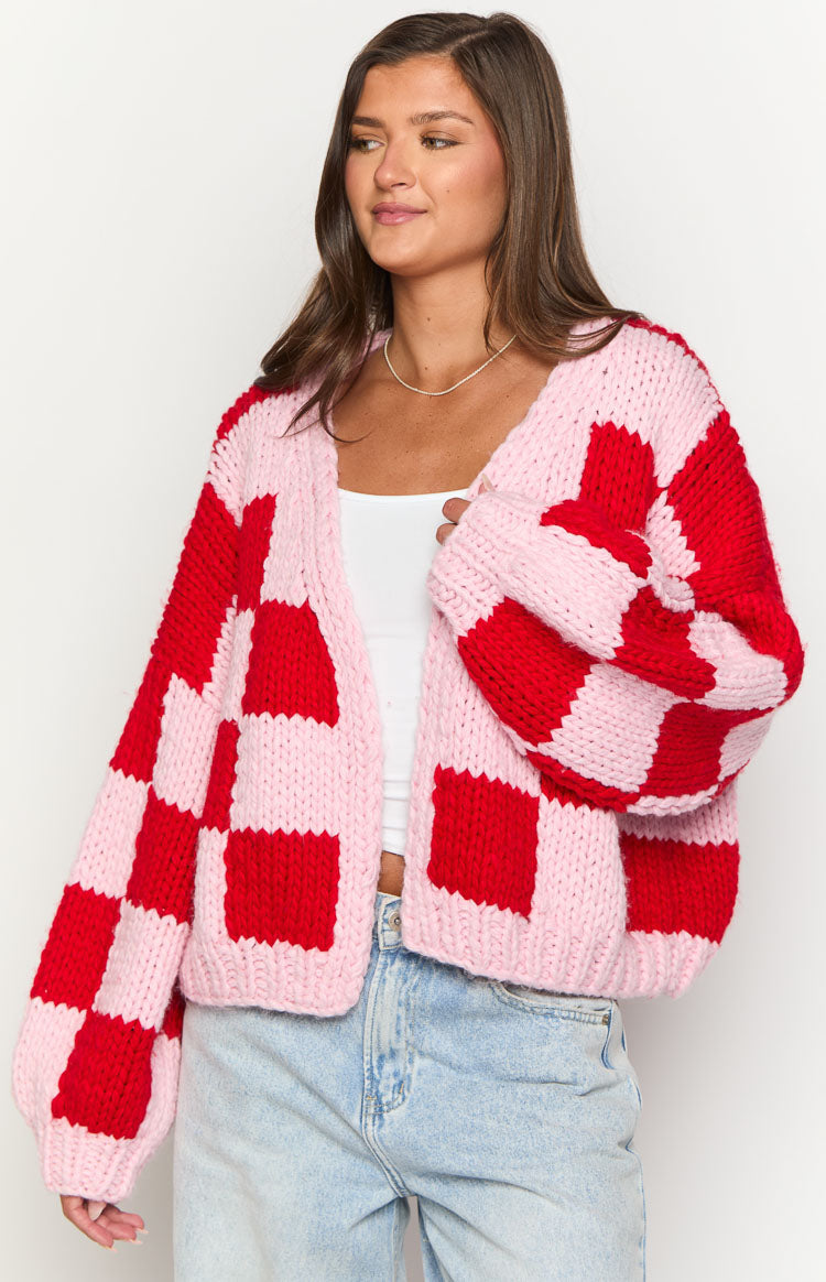 Envi Pink And Red Checkered Knit Cardigan — 1