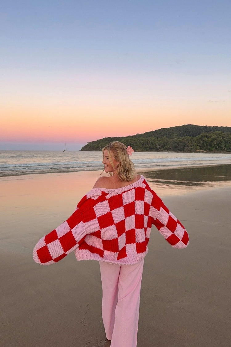 Envi Pink And Red Checkered Knit Cardigan — 4