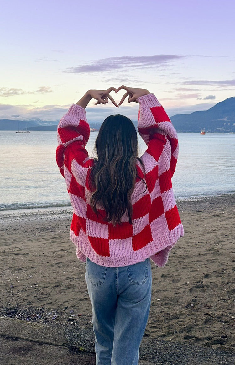 Envi Pink And Red Checkered Knit Cardigan — 5