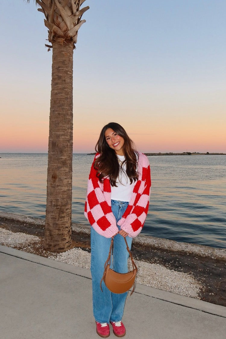 Envi Pink And Red Checkered Knit Cardigan — 7