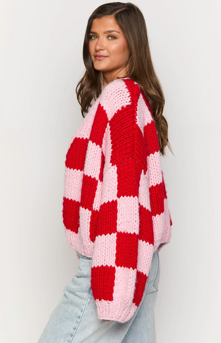 Envi Pink And Red Checkered Knit Cardigan — 9