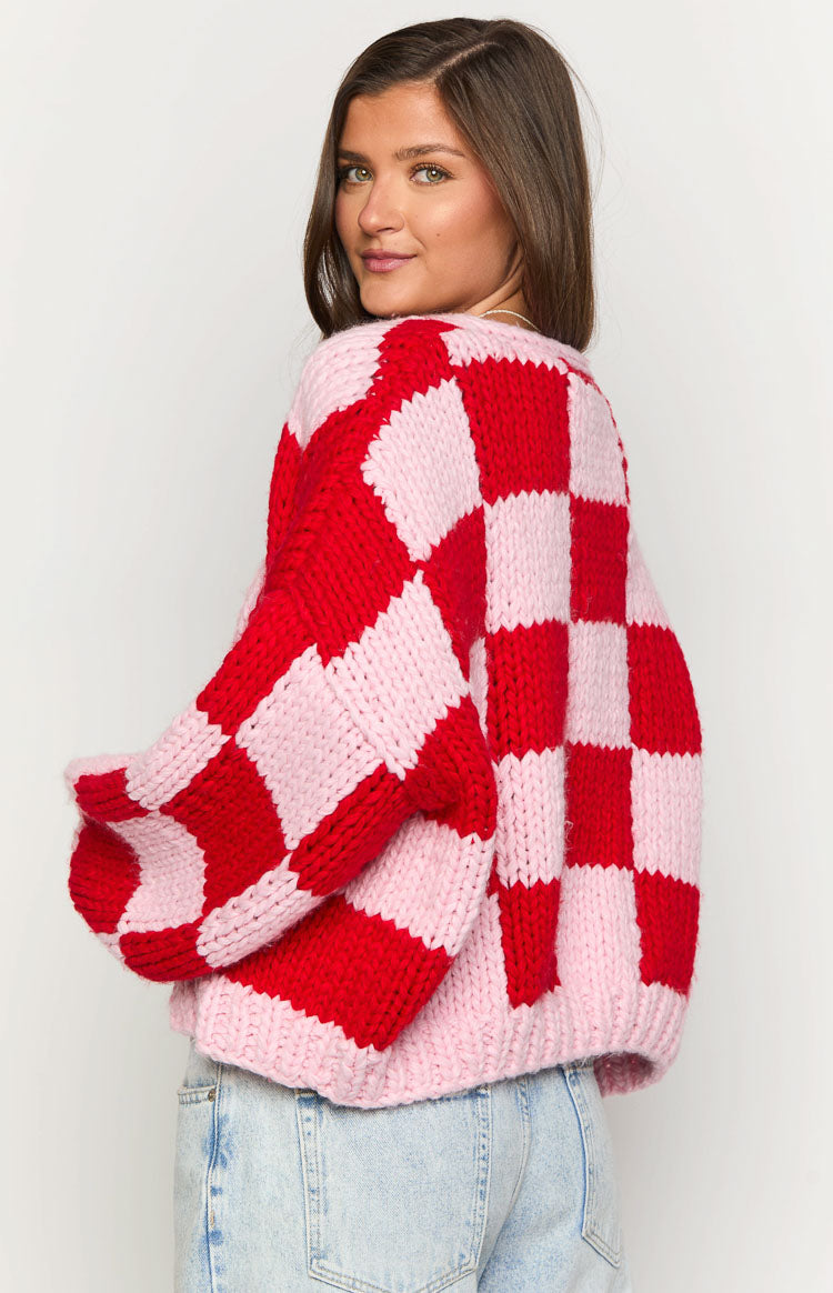 Envi Pink And Red Checkered Knit Cardigan — 10