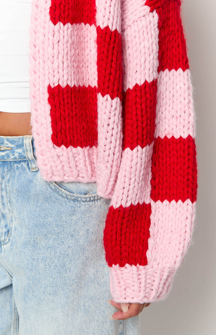 Envi Pink And Red Checkered Knit Cardigan — 11