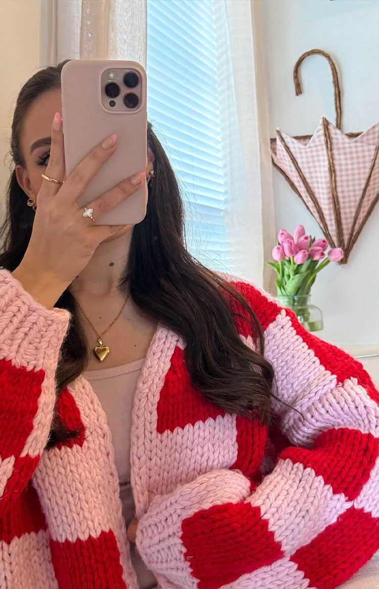 Envi Pink And Red Checkered Knit Cardigan — 12