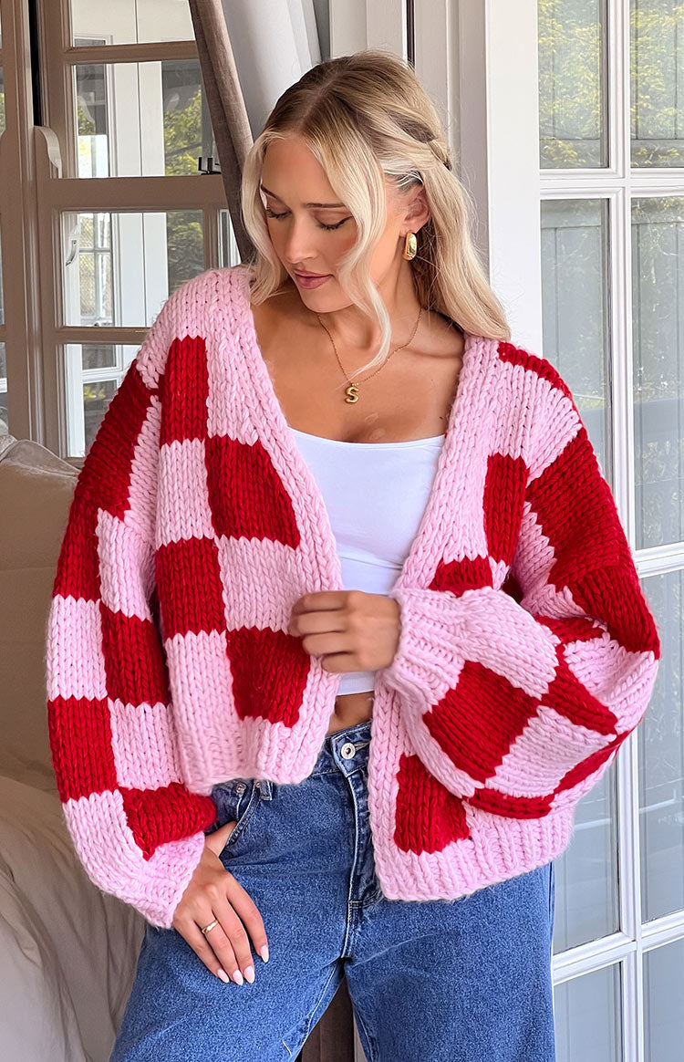 Envi Pink And Red Checkered Knit Cardigan — 14