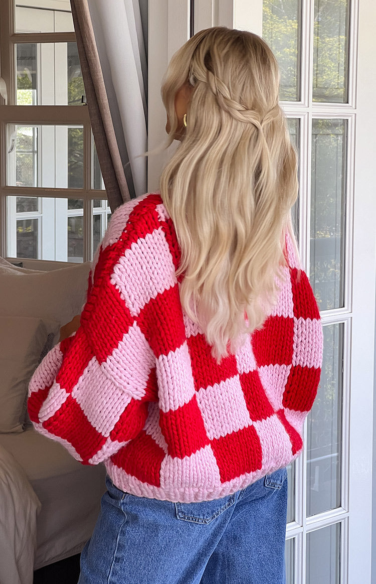 Envi Pink And Red Checkered Knit Cardigan — 16