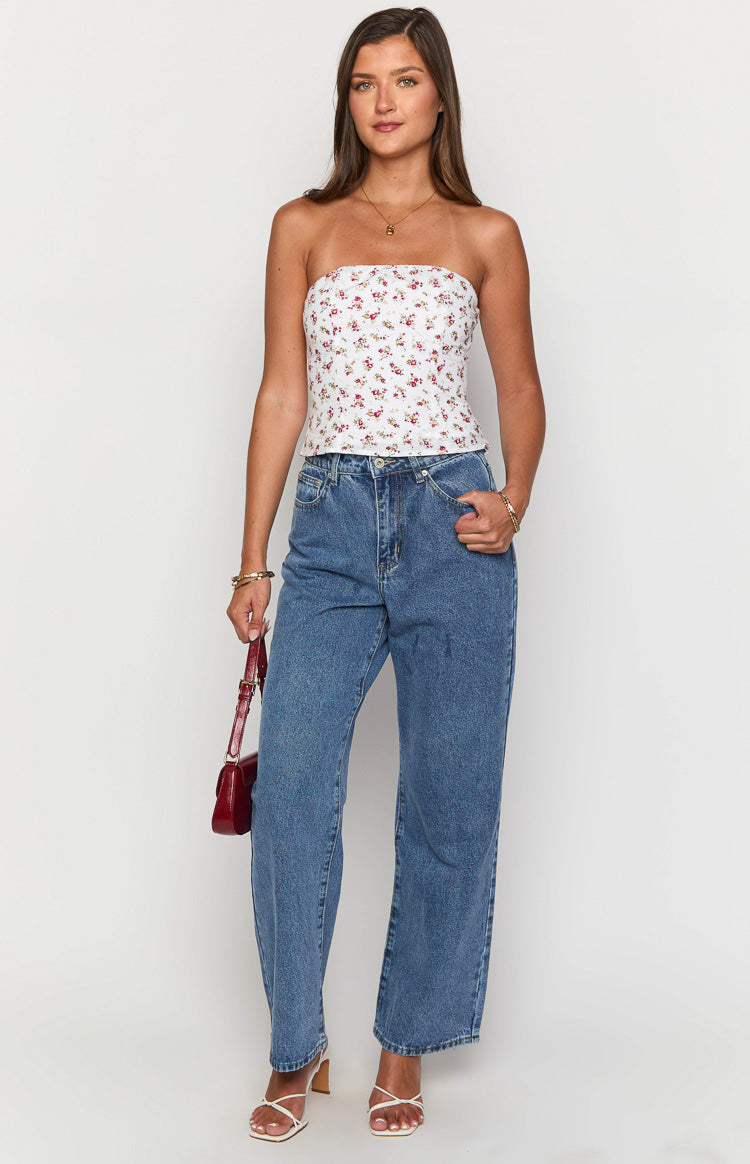 Paisley White Floral Strapless Top — 6
