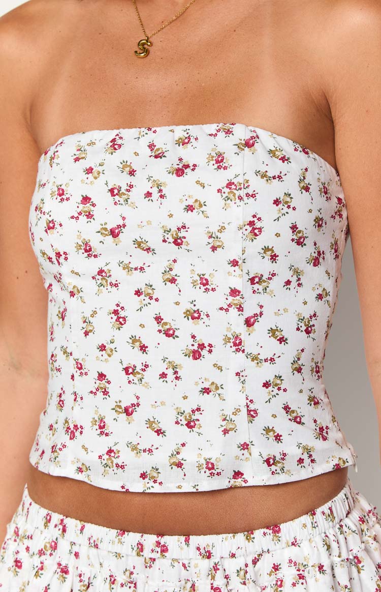 Paisley White Floral Strapless Top — 7
