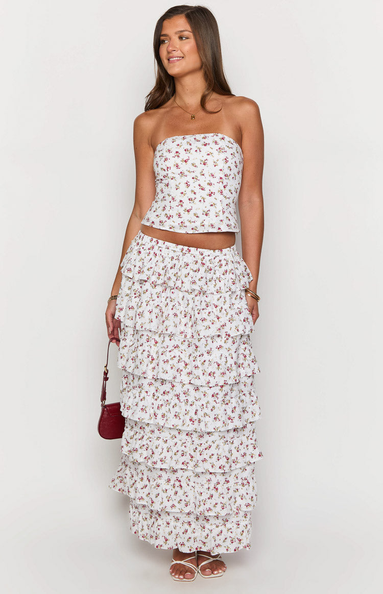 Paisley White Floral Ruffle Maxi Skirt — 1