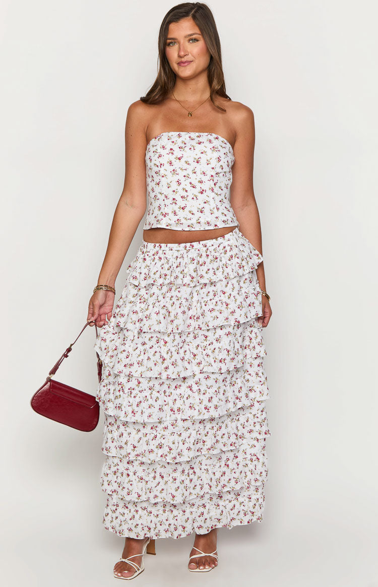 Paisley White Floral Ruffle Maxi Skirt — 6